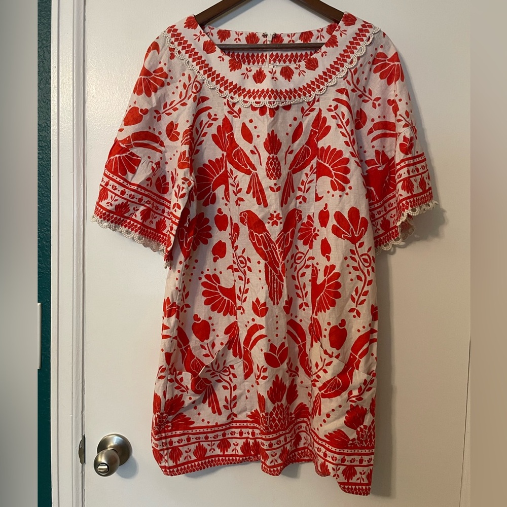Farm Rio Red and White Block Print Mini Dress